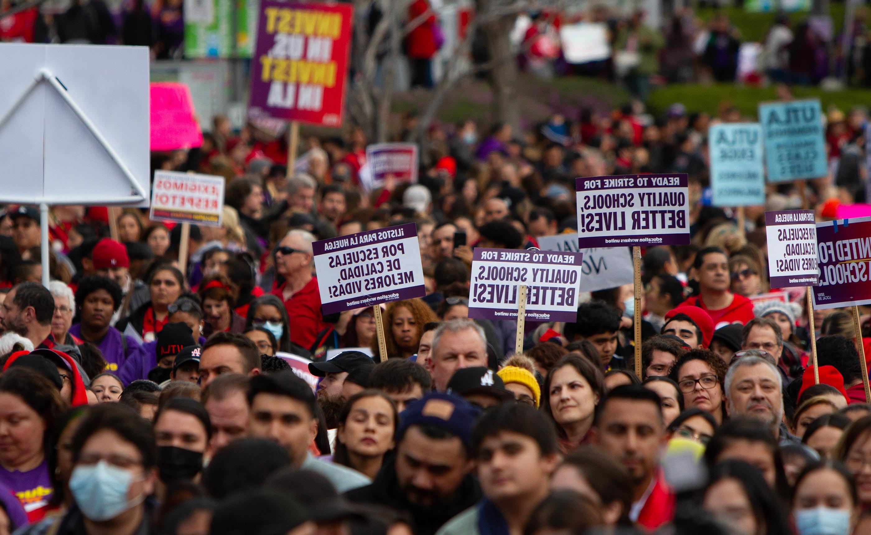 Supporters at a large Los Angeles rally demanding support for public education